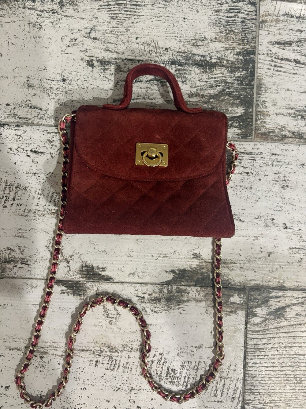 Vintage 90's Newport News Purse Bag Crossbody Suede Quilted Gold Chain Lux Y2K